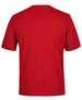 A red t-shirt with a round neckline and short sleeves, featuring a simple design on the back and a logo. A red t-shirt with a round neckline and short sleeves, featuring a simple design on the back and a logo.