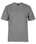 A grey T-shirt with short sleeves and a round neck, featuring a logo on the label. A grey T-shirt with short sleeves and a round neck, featuring a logo on the label.