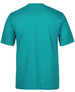 A plain teal t-shirt with a round neck and short sleeves, featuring a logo on the back. A plain teal t-shirt with a round neck and short sleeves, featuring a logo on the back.