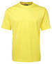 A yellow T-shirt with a crew neck and short sleeves, featuring a logo on the neckline. A yellow T-shirt with a crew neck and short sleeves, featuring a logo on the neckline.