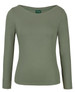 A green long-sleeve boat neck tee for women with a fitted style and a logo tag.