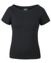 A black boat neck t-shirt made of soft fabric, featuring short sleeves and a fitted design. It has a logo tag.