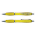 A translucent yellow pen with silver accents, featuring a smooth barrel and a clip design. A translucent yellow pen with silver accents, featuring a smooth barrel and a clip design.