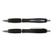 A pair of translucent black plastic pens with silver accents and clips, featuring a smooth design and sleek finish.