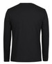 A black long-sleeve T-shirt featuring a smooth fabric texture and a simple design, with a logo on the back.