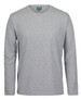 A long-sleeve grey T-shirt with a round neckline and a tag label in the neckline. Features a logo.