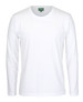 A white long-sleeve t-shirt displayed flat, featuring a simple design and a logo on the collar.