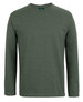 A long-sleeve t-shirt in a muted green colour, featuring a tag branding at the neck.