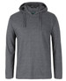 A grey long-sleeved hooded tee with a front pocket and a branding logo on the tag.
