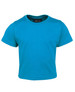 A bright turquoise infant tee with short sleeves, featuring a logo on the inside neckline.