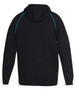 A black hoodie with contrasting blue stitching, featuring a hood and long sleeves. It has a logo on the back.
