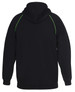A black hoodie featuring green contrast stitching, with a spacious hood and ribbed cuffs. It has a logo on the back.