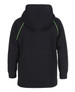 A black hoodie featuring contrast green stitching, with a spacious hood and a relaxed fit. It has a logo on the back.