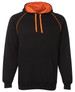 A black hoodie featuring an orange contrast lining and drawstrings, with a front pocket and a branded logo.