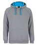 A grey hoodie with a contrasting blue inner hood and piping, featuring a front pocket and a logo.