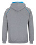 A grey hoodie with a blue contrast hood and detailing, featuring a logo. The back view shows the design and fit.