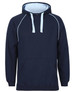 A navy hoodie with light blue accents and a front pocket, featuring a hood and a logo.