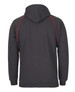 A dark grey hoodie featuring red contrast stitching and a hood, with a logo on the back.