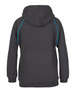 A black hoodie with a contrasting blue trim and a spacious hood, featuring a logo.