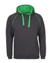 A dark grey hoodie with a green hood and drawstrings, featuring a front pocket and contrasting stitching.