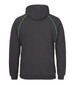 A black hoodie with green contrast stitching, featuring a hood and a logo on the back.