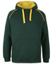 A green hoodie with a yellow inner lining and contrasting seams, featuring a front pocket and a drawstring hood.