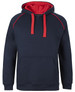A navy hoodie with red accents and a kangaroo pocket, featuring a hood and drawstrings. It has a logo on it.