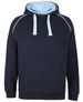 A navy hoodie featuring a light blue lining, with a front pocket and a contrasting design. It has a logo.