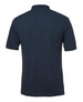 A navy polo shirt with a short sleeve design and a collar, featuring a branding logo.