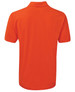An orange polo shirt featuring a collar and short sleeves, with a branding logo on the back.