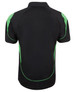 A black polo shirt with green accents and a logo on the back.  A black polo shirt with green accents and a logo on the back.