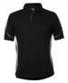 A black polo shirt with white side accents and a collar. The shirt features a logo on the front. A black polo shirt with white side accents and a collar. The shirt features a logo on the front.