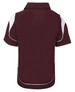 A maroon polo shirt with white accents and a logo. The shirt features a classic collar and short sleeves. A maroon polo shirt with white accents and a logo. The shirt features a classic collar and short sleeves.