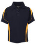 A navy polo shirt with yellow accents and a logo on the chest. Features a collar and short sleeves. A navy polo shirt with yellow accents and a logo on the chest. Features a collar and short sleeves.