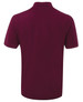 A maroon polo shirt featuring a collar and short sleeves, with a branding logo on the back.