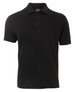 A black polo shirt with a collared neck, featuring three buttons and short sleeves. It has a logo.