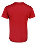 A red T-shirt featuring a plain back design and a brand logo.