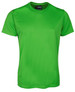 A green T-shirt made from a smooth fabric, featuring a logo on the neckline.