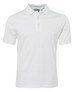 A white polo shirt with a collar and a branded tag. Features short sleeves and a button placket.