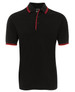 A black polo shirt with red contrast accents on the collar and sleeves, featuring a three-button placket and a logo.