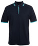 A navy polo shirt with contrasting teal accents on the collar and sleeves. It features a logo on the chest.