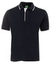 A navy polo shirt with a white collar and three buttons, featuring a logo on the chest.