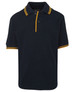 A navy polo shirt with yellow contrast stripes on the collar and sleeves. It features a two-button placket and a logo.