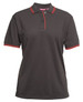 A ladies' polo shirt in dark grey with red contrast detailing on the collar and sleeves, featuring a logo.