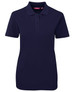 A navy blue ladies' polo shirt with a collar, short sleeves, and a logo on the chest.