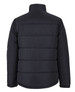 A puffer jacket in black, featuring a quilted design and a high collar. The jacket has a logo on the back.