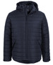A navy hooded puffer jacket with a zip front and horizontal quilting, featuring a logo on the inside.
