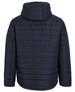 A dark navy hooded puffer jacket featuring a stitched panel design and a hood. It has a branding logo on the back.