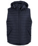 A navy hooded puffer vest featuring a zip front and side pockets, with a logo on the chest.