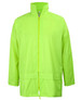 A bright green rain jacket featuring a zip front and a collar, with a logo on one side.